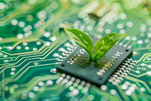 Green sprout growing from a microchip on a circuit board, symbolizing eco-friendly technology and innovation.