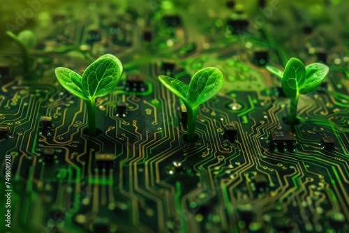 Green seedlings sprouting from a circuit board, illustrating the concept of green technology and sustainable computing.