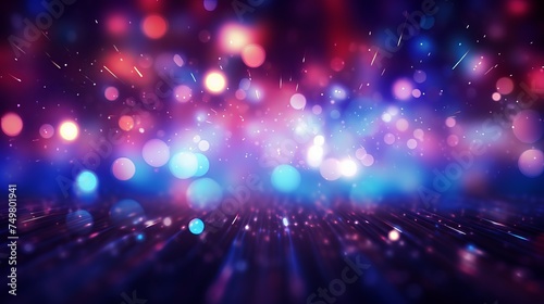 Neon Background with Bokeh Sparks Texture and Defocused Blue Red Purple Rays on Dark Overlay.