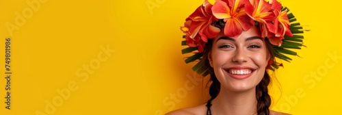 Portrait of a beautiful stylish woman with hawaiian costume on yellow background with copyspace. Summer fashionable trend style, Cheerful and happy young model having fun