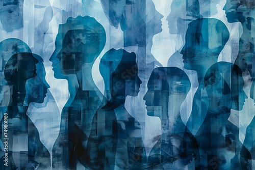 Artistic representation of multiple human profiles overlapping in shades of blue, depicting social diversity.

 #749801989