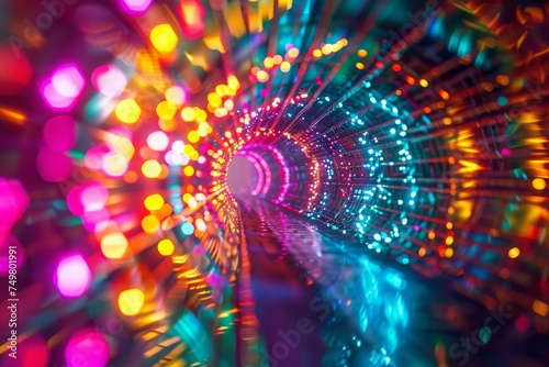 Vibrant light tunnel with neon colors, giving a sense of high-speed motion.
