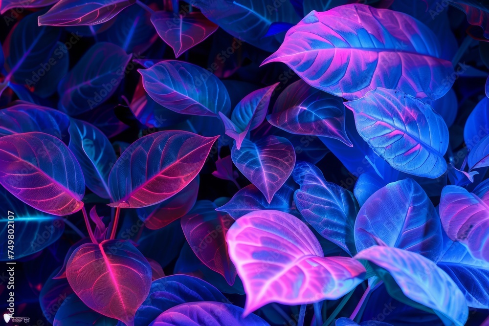 Neon glow on tropical leaves, vibrant hues of pink and blue, creating an energetic and surreal atmosphere.

