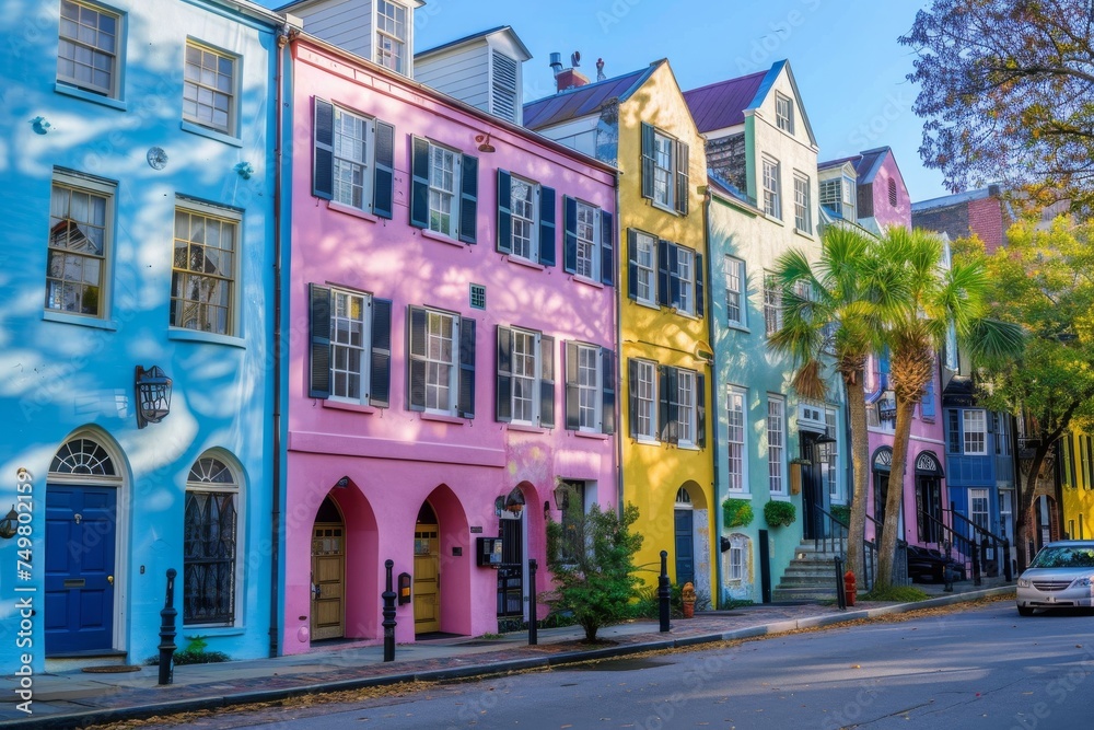 Colorful row of historic houses in a charming neighborhood, representing urban life and community.


