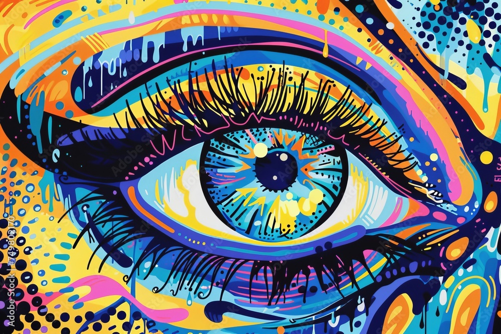 Vibrant psychedelic eye painting, bursting with colors and intricate patterns, ideal for creative concepts.

