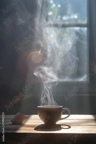 A cozy image of a steaming cup of coffee on a rustic wooden table. Perfect for coffee shop promotions