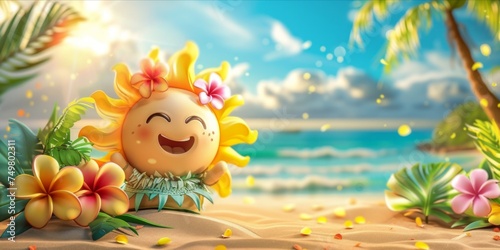 3D cute sun chartacter with hawaiian costume on tropical sea and beach blurred background. Summer festive time