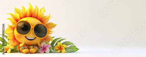3D cute sun chartacter with hawaiian costume on white background. Summer festive time