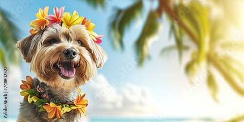 Stylish dog with hawaiian costume on tropical sea and beach blurred background. Summer festive time, Happy holiday © CYBERUSS