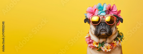 Stylish dog with hawaiian costume on yellow background. Summer festive time, Happy holiday
