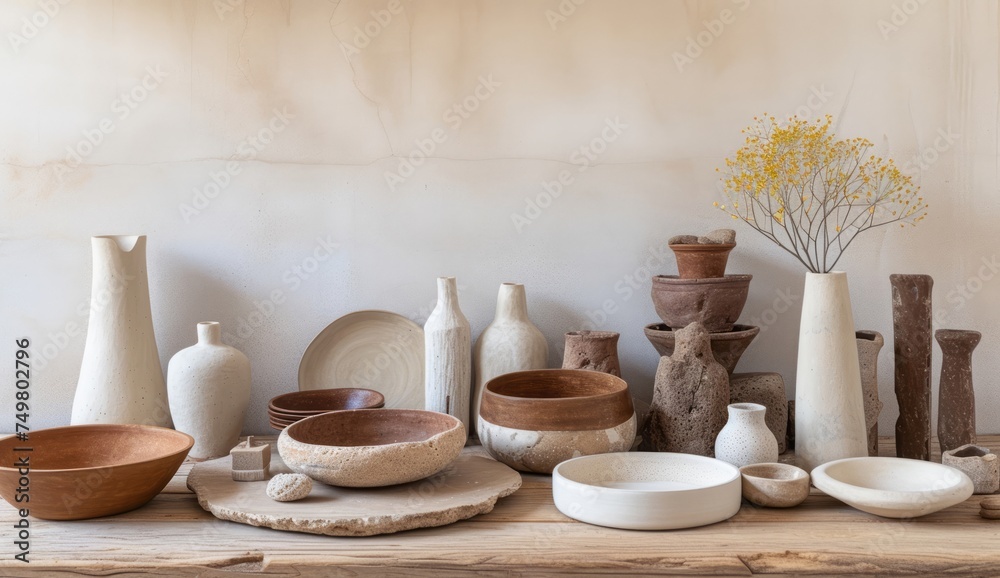 A wooden table, adorned with clay bowls, vases, and plates, is presented, showcasing an Australian landscape, a warm tonal range, soft light, and organic stone carvings.