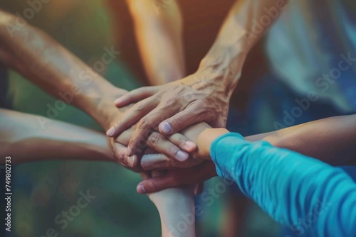 A group of people joining hands in unity. Suitable for teamwork and collaboration concepts