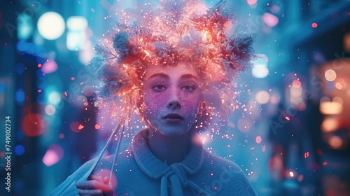 Dreamlike Portrait with Cosmic Fireworks, captivating portrait of a person adorned with a cosmic explosion of sparkling fireworks, evoking a sense of wonder.