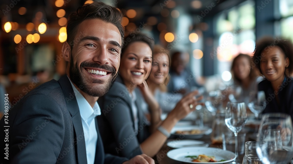 Diverse Group Enjoying a Meal Together, cheerful group of diverse adults enjoying a friendly gathering at a modern restaurant with elegant decor Diverse Group Enjoying a Meal Together, cheerful group of diverse adults enjoying a friendly gathering at a modern restaurant with elegant decor