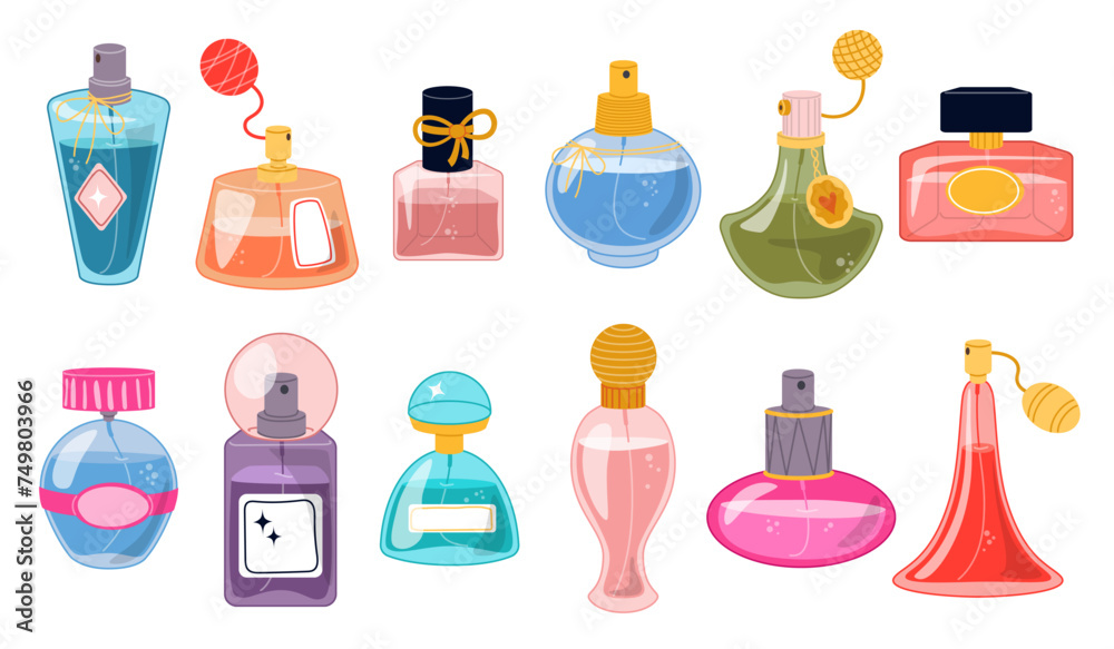 Perfumery bottles. Various designs glass vials. Fragrant toilet waters. Luxury female perfume. Male cosmetics. Pleasant smell. Spray phials. Beauty product packages. Recent vector set Perfumery bottles. Various designs glass vials. Fragrant toilet waters. Luxury female perfume. Male cosmetics. Pleasant smell. Spray phials. Beauty product packages. Recent vector set