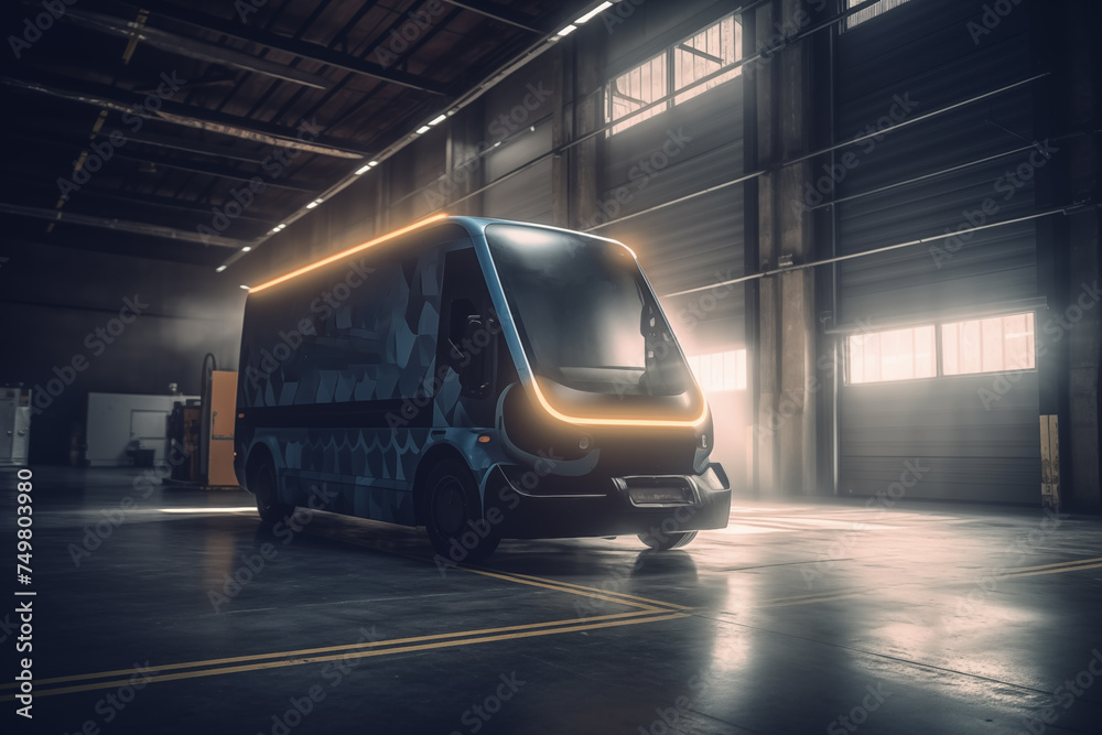 Electric Van Delivering in warehouse. Electric cargo van. Modern E Delivery EV truck. Production of Electric delivery van for Transport logistics. Driverless rivan in warehouse. Ai Generative - obrazy, fototapety, plakaty 