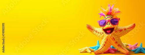 Stylish starfish hawaiian style with copyspace on yellow background. Summer festive time, Happy vacation