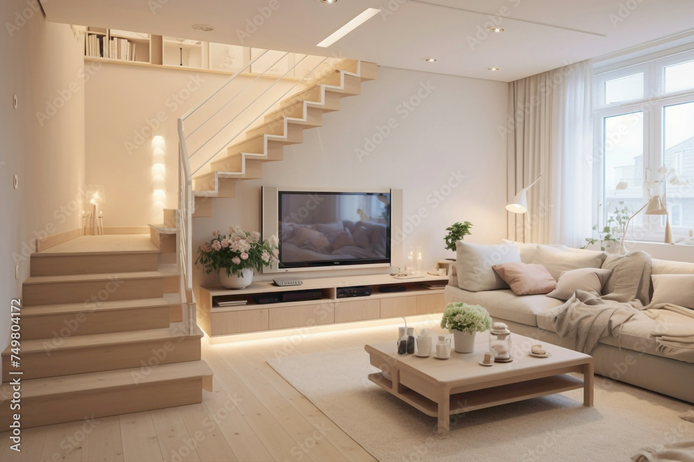 Nordic-style interior featuring a beige staircase and a comfortable TV room with soft lighting.