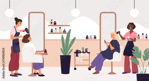 Female hair salon. Women get haircut. Hairdressers dye or dry hairdo. Professional barbers. Beauty studio. Stylists haircut with scissors. Clients on armchairs. Garish vector concept