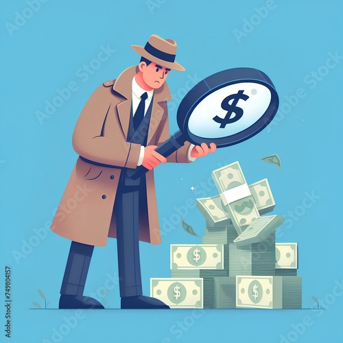Detective holding a magnifying glass to search and track the trace money