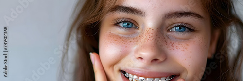 The braces on the teeth of a youthful, attractive brunette woman are pointed out on her face.