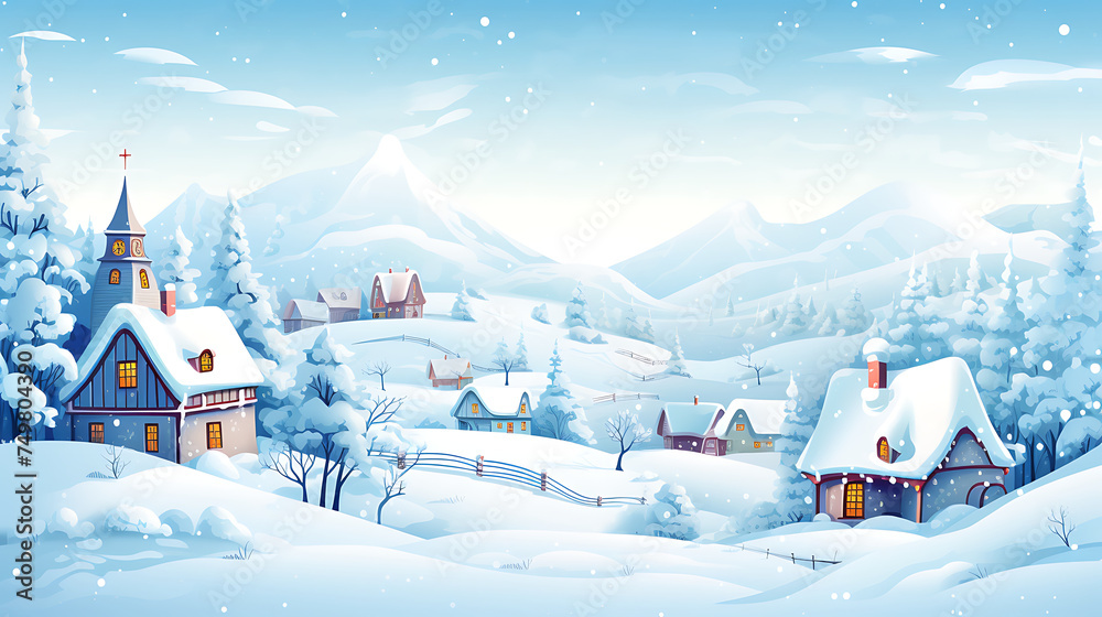 A vector graphic of a snowy winter village.