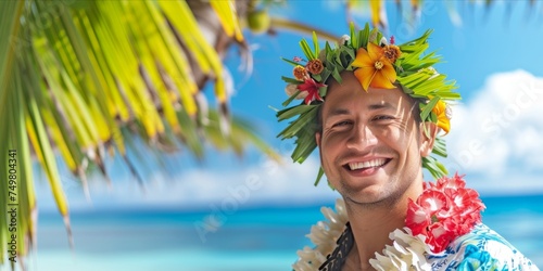 Portrait of a stylish man with hawaiian costume. Summer fashionable trend style, Cheerful and happy young male having fun on tropical sea and beach background © CYBERUSS