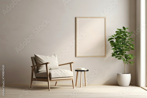 Beige and Scandinavian fusion in a living area  showcasing a single chair  a plant  and an empty frame for your words.