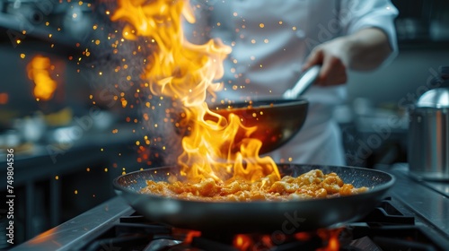 Professional Chef Flambéing Dish in Kitchen, skilled chef in a bustling kitchen expertly flambés a dish, with flames engulfing the pan in a dramatic display of culinary art