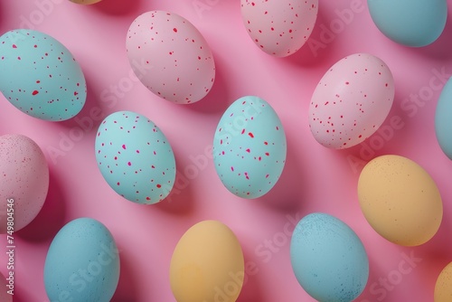 Top view pastel Easter eggs painted with festive Patterns on pink background. Holiday background with colorful chicken eggshells. Health protein food on breakfast
