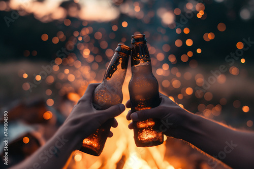 Beer bottles clinking together in an outdoor background