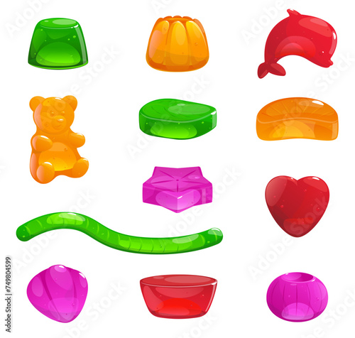 Cartoon jelly sweets. Chewing fruit candies. Colorful tasty gummy animals, hearts and stars. Marmalade bears. Sugar snacks. Delicious gelatin dessert. Vector yummy confectionery set photo