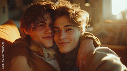 Warm Embrace of a Smiling Couple, intimate portrait of a smiling same-sex couple in a loving embrace, bathed in the warm glow of sunlight, depicting a moment of happiness and affection