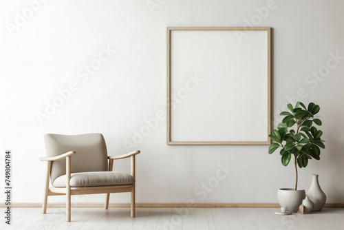 Nordic simplicity captured in a living room  with a lone chair  potted plant  and an open frame for text.