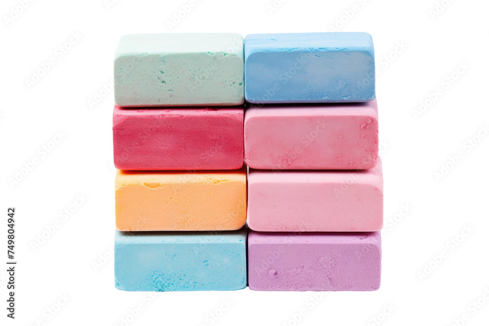 Stack of Four Different Colored Bars of Soap. A stack of four bars of soap of varying colors, including blue, pink, yellow, and green, arranged neatly on a white background. Stack of Four Different Colored Bars of Soap. A stack of four bars of soap of varying colors, including blue, pink, yellow, and green, arranged neatly on a white background.