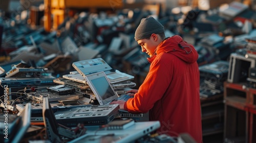 Tech Recycling Volunteer at Work, focused individual sorting through a pile of discarded electronics, exemplifying the importance of recycling in technology © Anastasiia