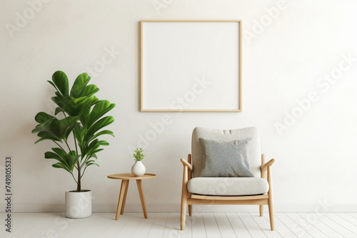 Unwind in a Scandinavian-inspired living space featuring a wooden chair, a green plant, and a blank frame ready for your unique touch.
