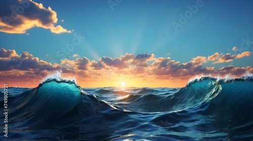 Dark blue sea ocean waves water texture at sunset from Generative AI