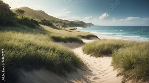 Grass lands landscape leading to beach side from Generative AI