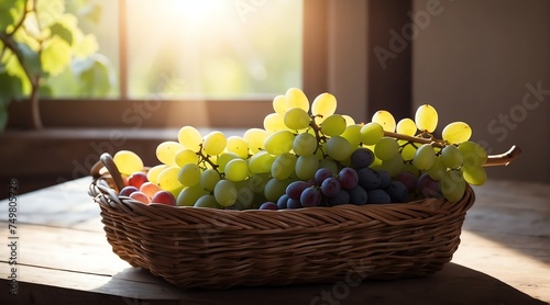 Wallpaper Mural Grapes on a wooden basket on a table with morning sunlight rays from Generative AI Torontodigital.ca