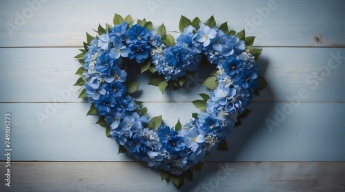 Heart shaped wreath of blue flowers from Generative AI