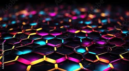 Hexagonal grid glowing neon light colorful lines and connections on black background, technology network concept from Generative AI