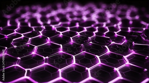 Hexagonal grid glowing neon light purple lines and connections on black background, technology network concept from Generative AI