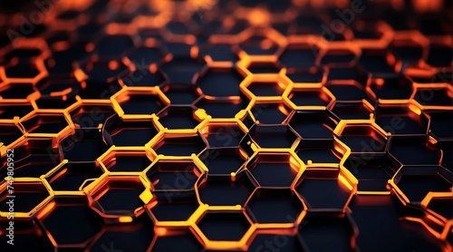 Hexagonal grid glowing neon light orange lines and connections on black background  technology network concept from Generative AI