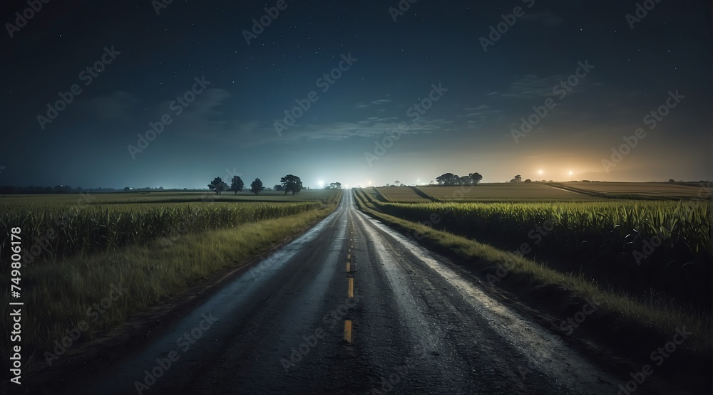 Road in the middle of farm lands at night from Generative AI