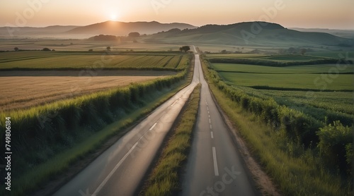 Road in the middle of farm lands at sunset from Generative AI