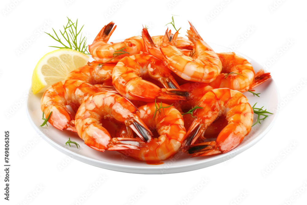 Plate of Shrimp With Lemon Wedge. A white plate holding a pile of succulent shrimp with a vibrant lemon wedge on the side. The shrimp glisten in the light ready to be enjoy as delicious seafood dish. Plate of Shrimp With Lemon Wedge. A white plate holding a pile of succulent shrimp with a vibrant lemon wedge on the side. The shrimp glisten in the light ready to be enjoy as delicious seafood dish.