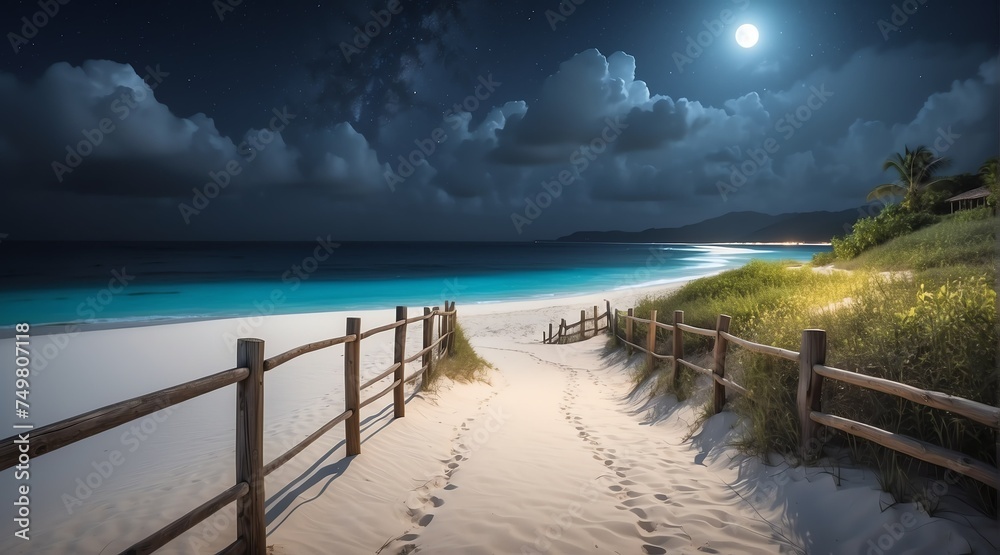 Fenced path to white sand beach at night from Generative AI