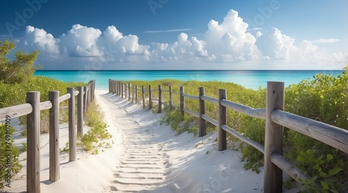 Fenced path to white sand beach from Generative AI © Arceli