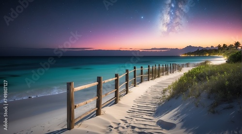 Fenced path to white sand beach at night from Generative AI